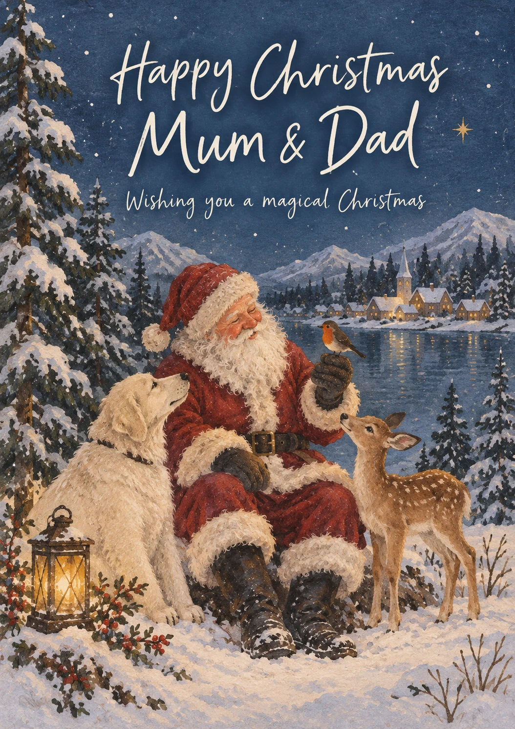 Santa Wildlife Winter Scene Christmas Card for Mum & Dad