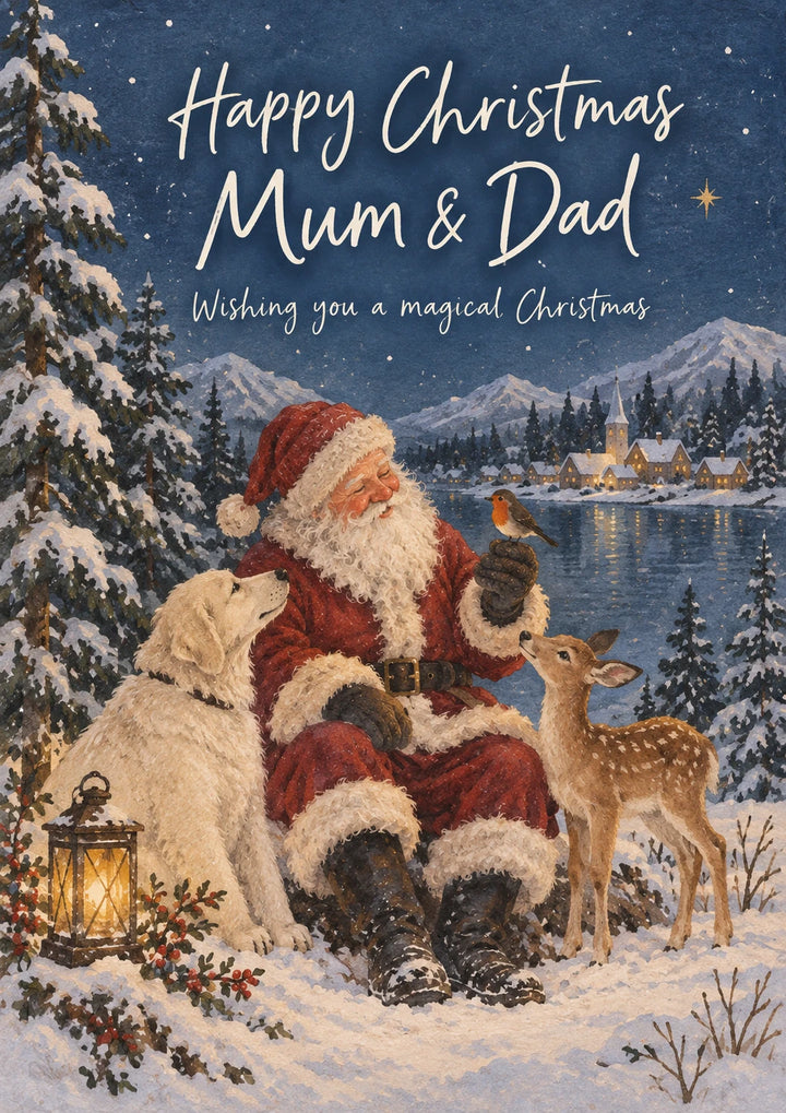 Santa Wildlife Winter Scene Christmas Card for Mum & Dad