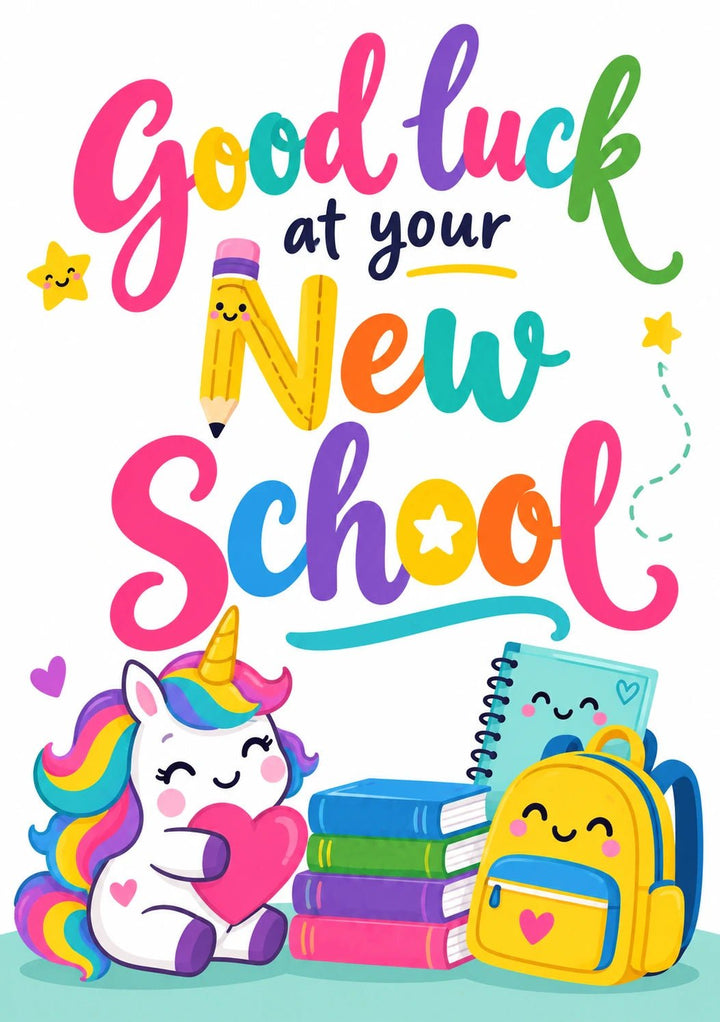 Rainbow Unicorn Good Luck at Your New School Card