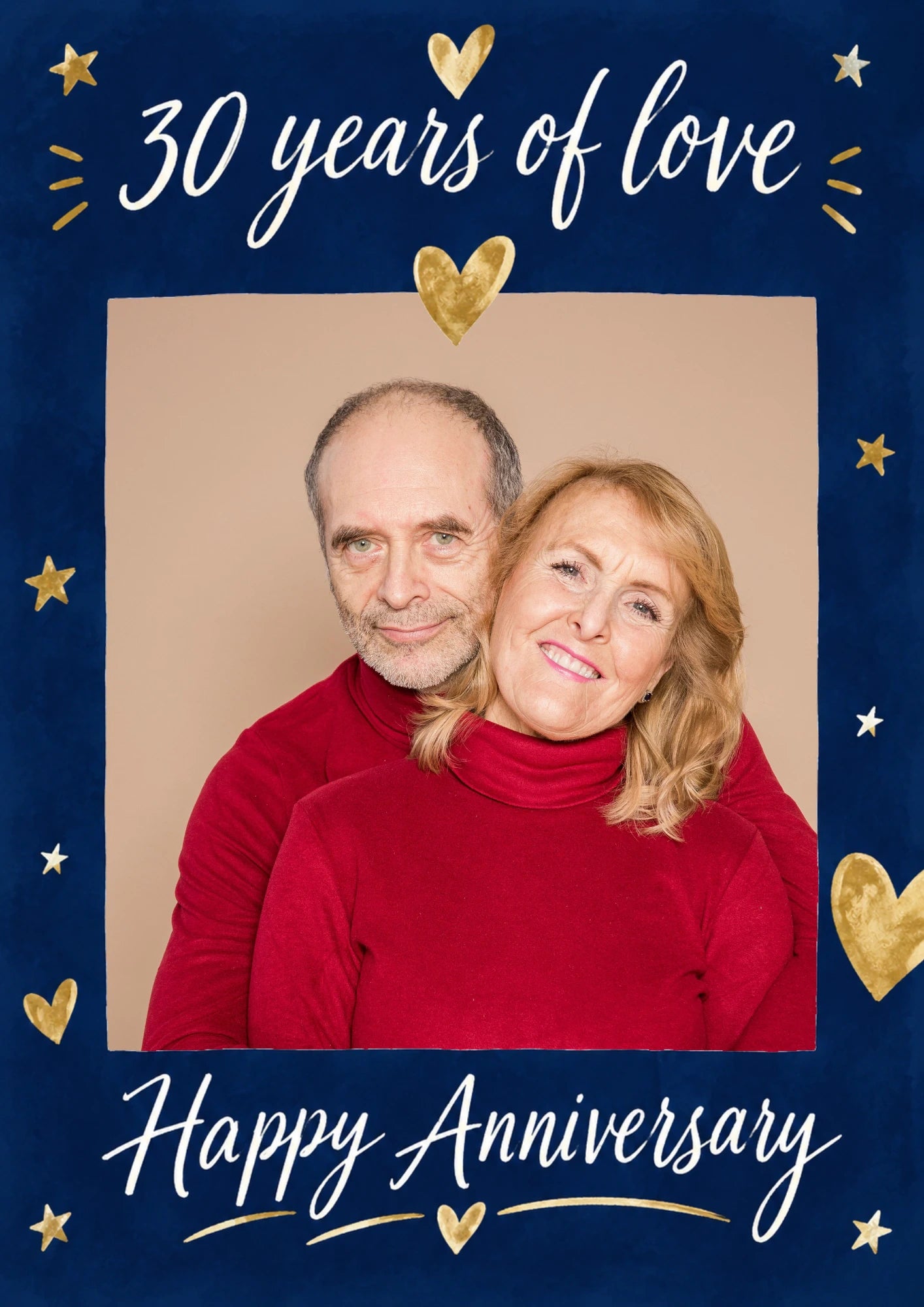 30 Years of Love Navy Gold Hearts Photo Upload Anniversary Card