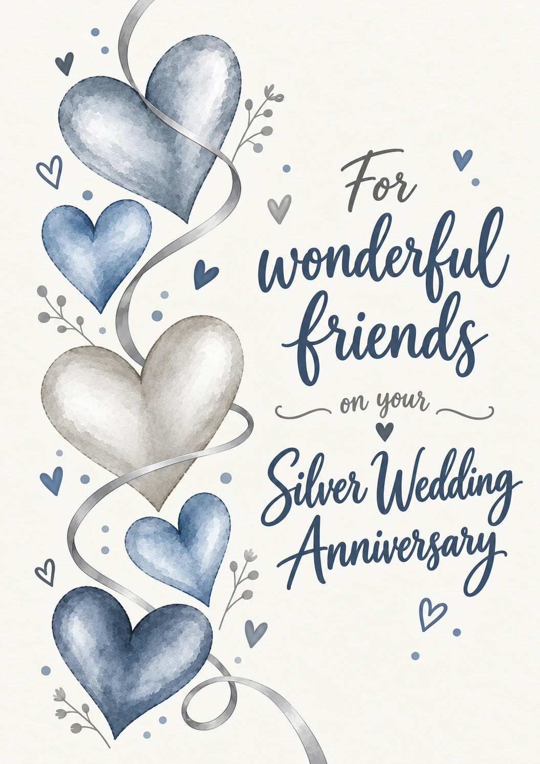 Silver Blue Hearts 25th Anniversary Card for Friends