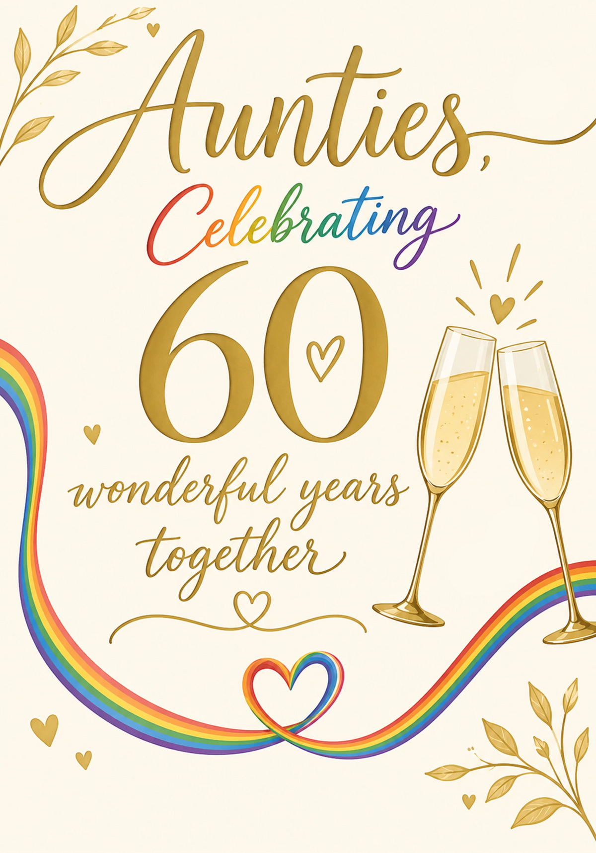 Rainbow Heart Champagne Aunties 60th Anniversary Card