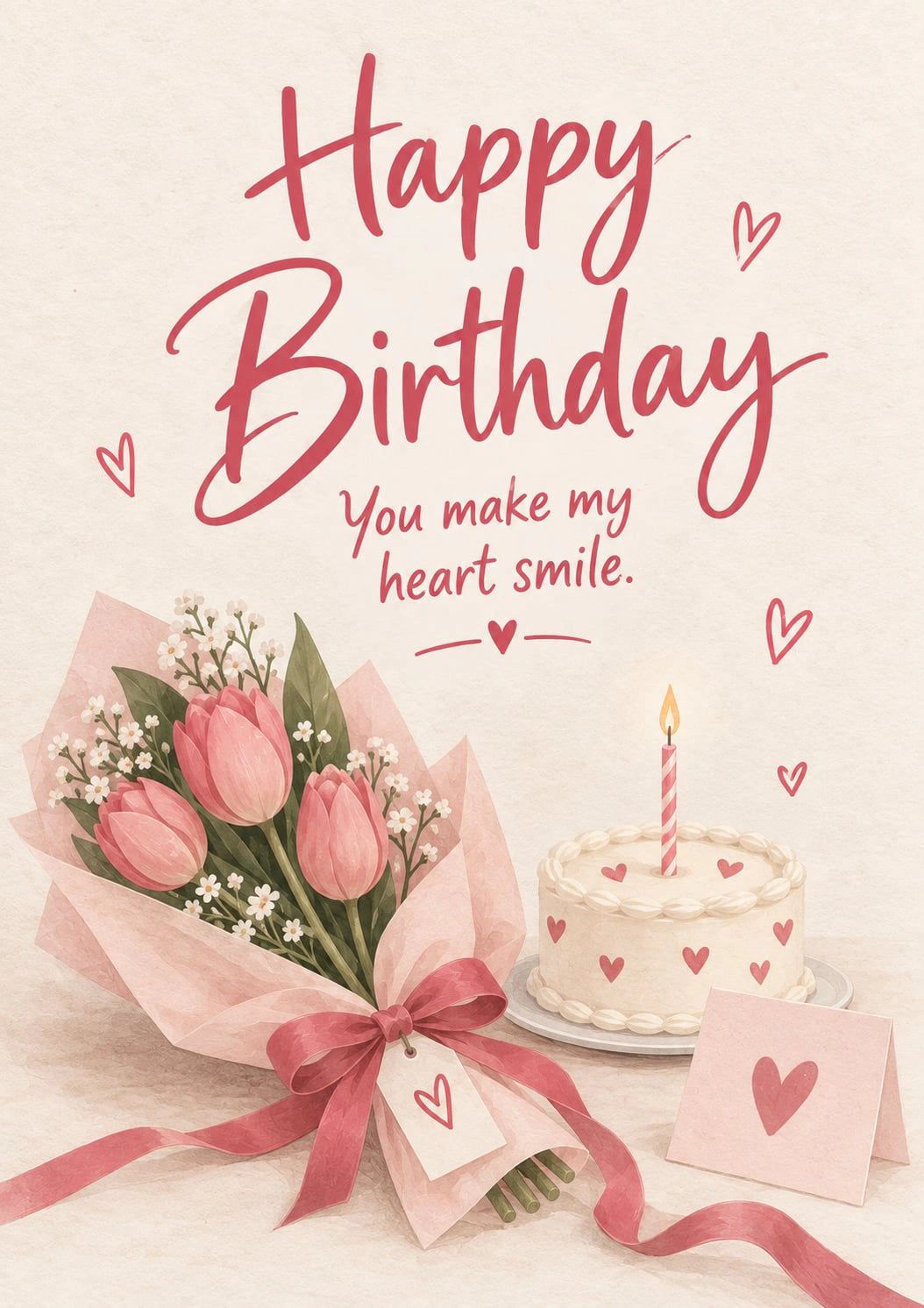 Pink Tulips and Heart Cake Birthday Card for Her