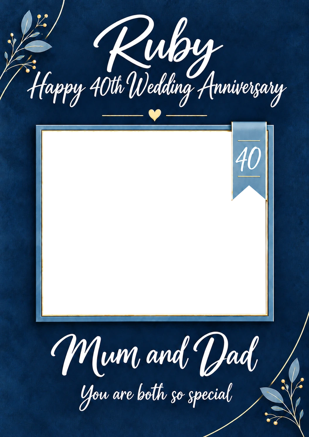Ruby Blue Floral Photo Upload 40th Anniversary Card