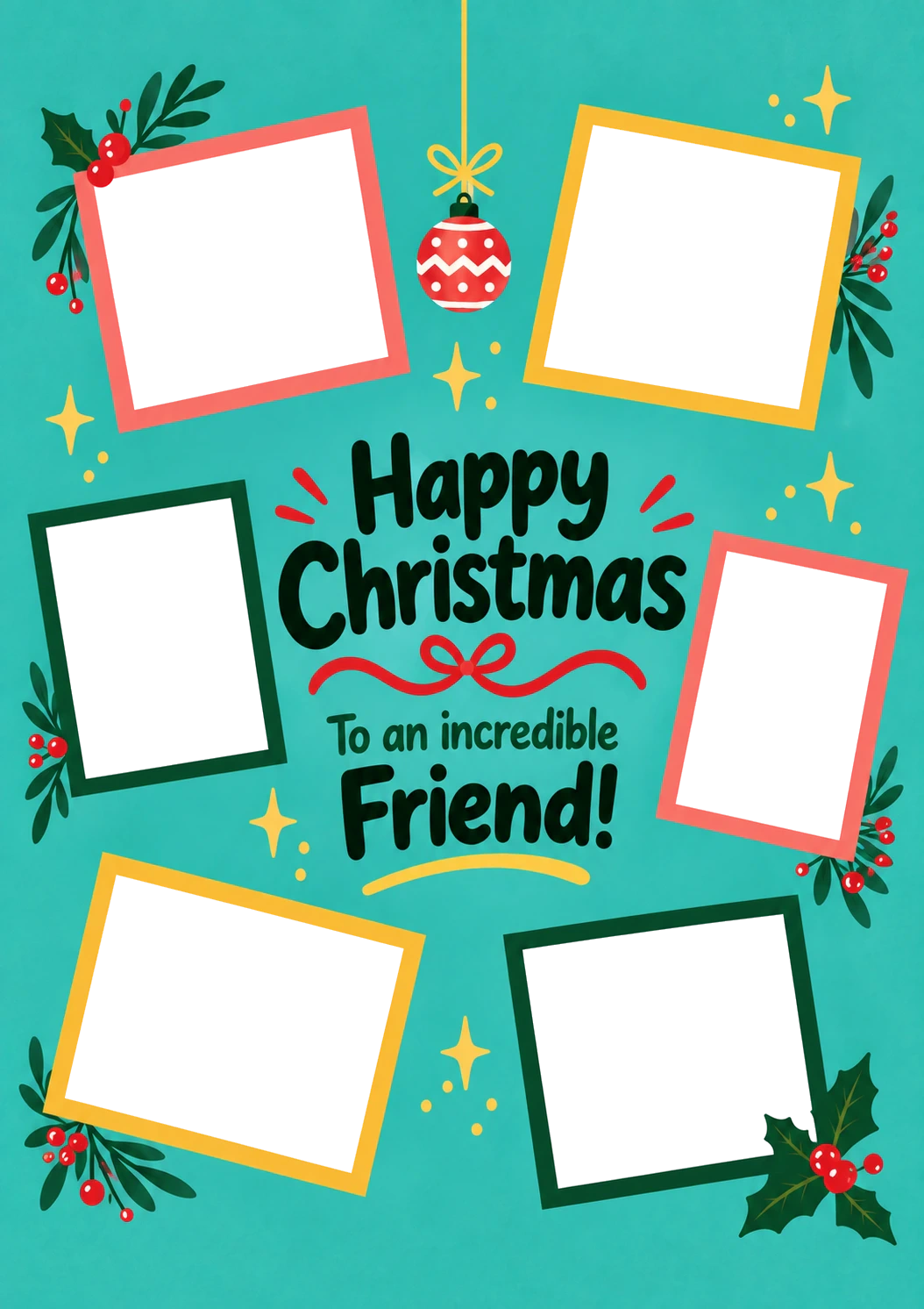 6 Photo Teal Festive Frames Photo Upload Christmas Card for Friend