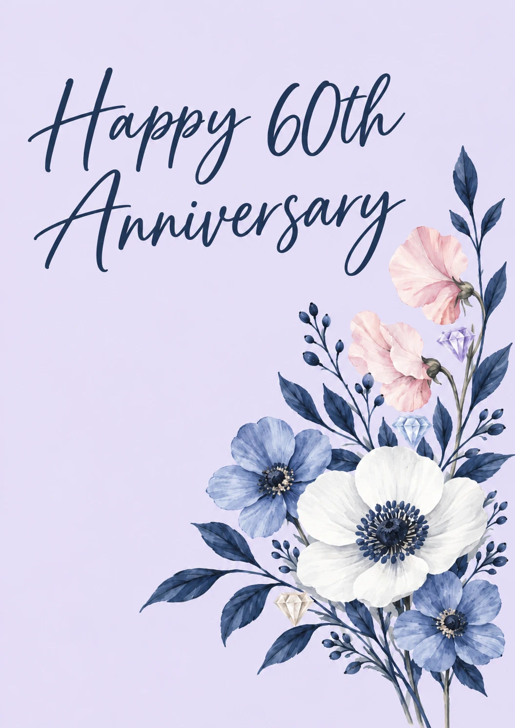 Blue Floral Diamond 60th Anniversary Card for Her