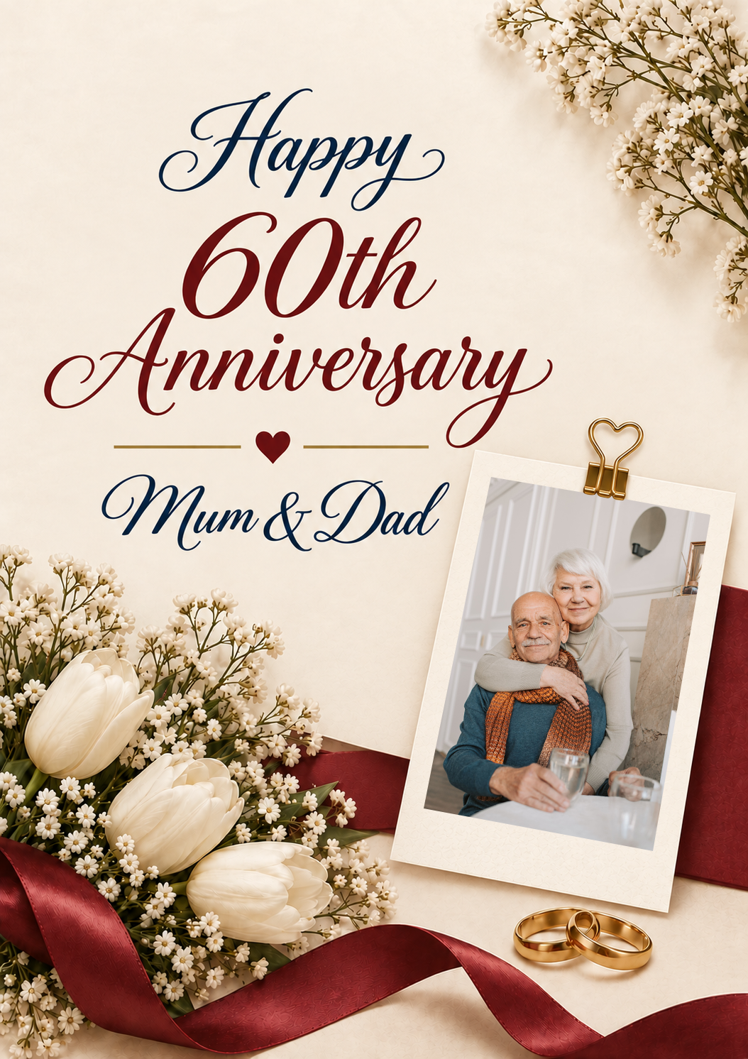 Diamond Wedding Anniversary Floral Photo Upload Birthday Card