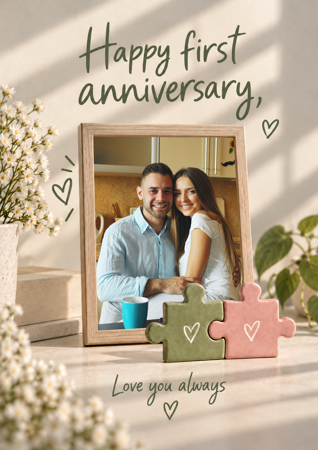 Puzzle Pieces Heart Photo Upload 1st Anniversary Card for Partner