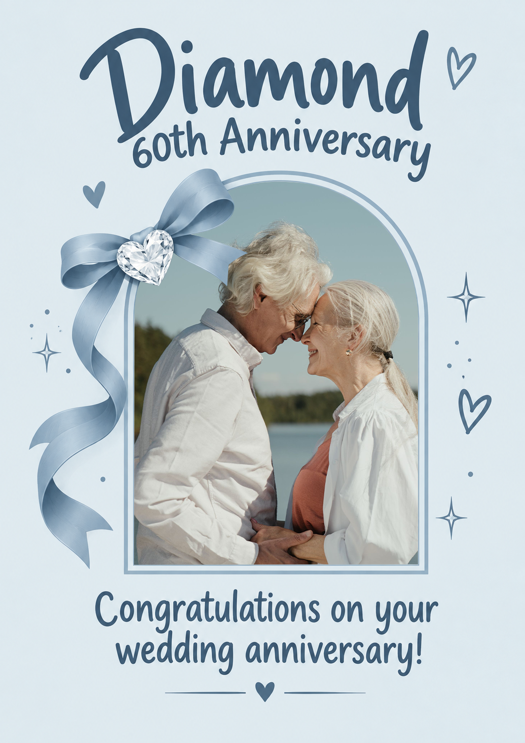 Blue Diamond Bow Photo Upload 60th Anniversary Card for Parents