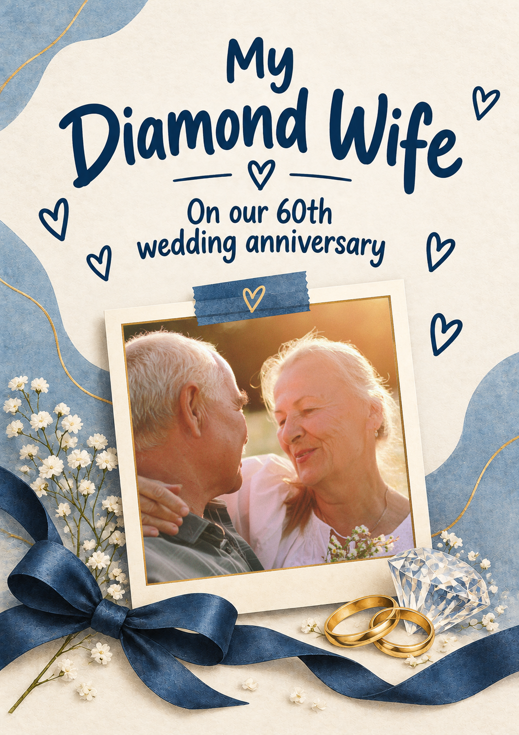 Diamond Wife Blue Bow Photo Upload 60th Anniversary Card for Her