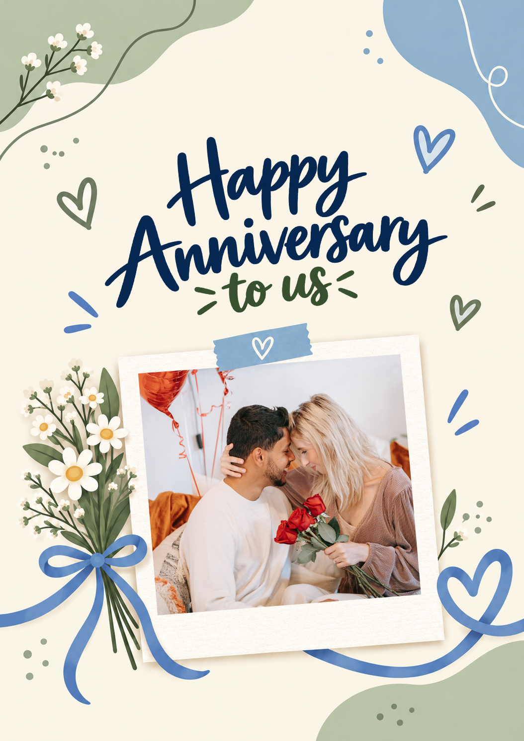 Daisy Bouquet Blue Ribbon Photo Upload Anniversary Card for Girlfriend