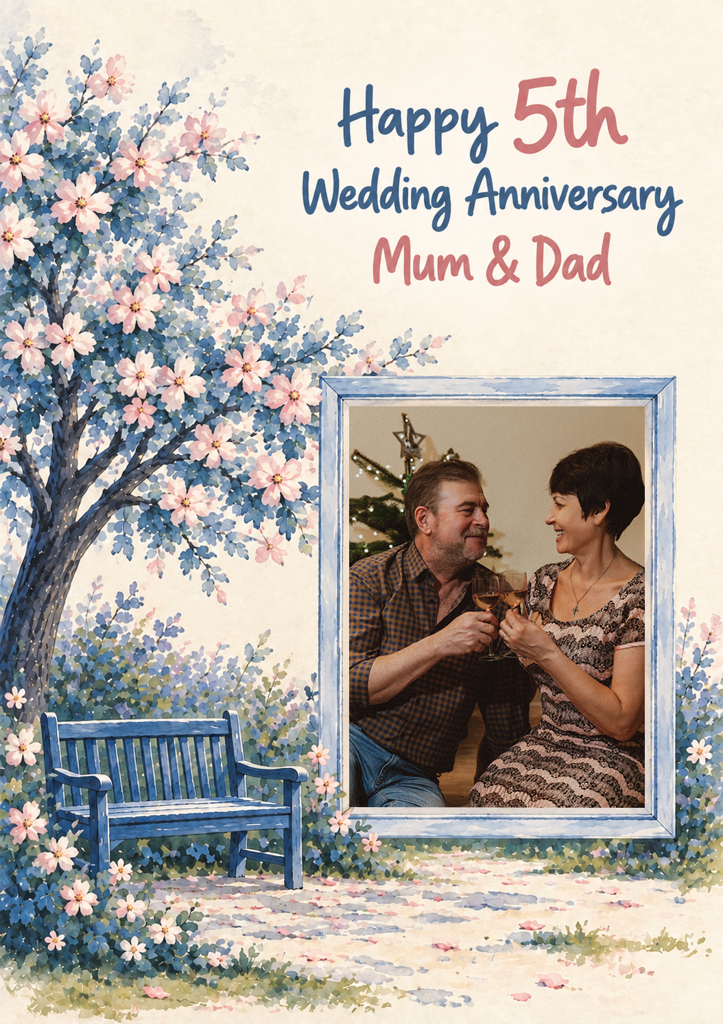 Blooming Garden Bench Photo Upload 5th Anniversary Card for Mum and Dad