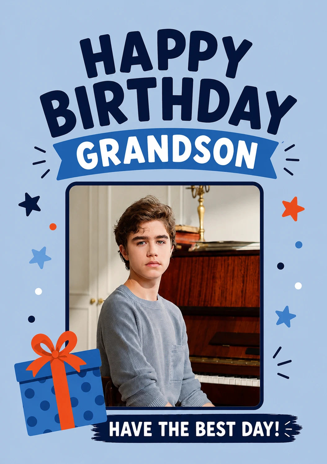 Happy Birthday Grandson Blue Stars Photo Upload Birthday Card for Him