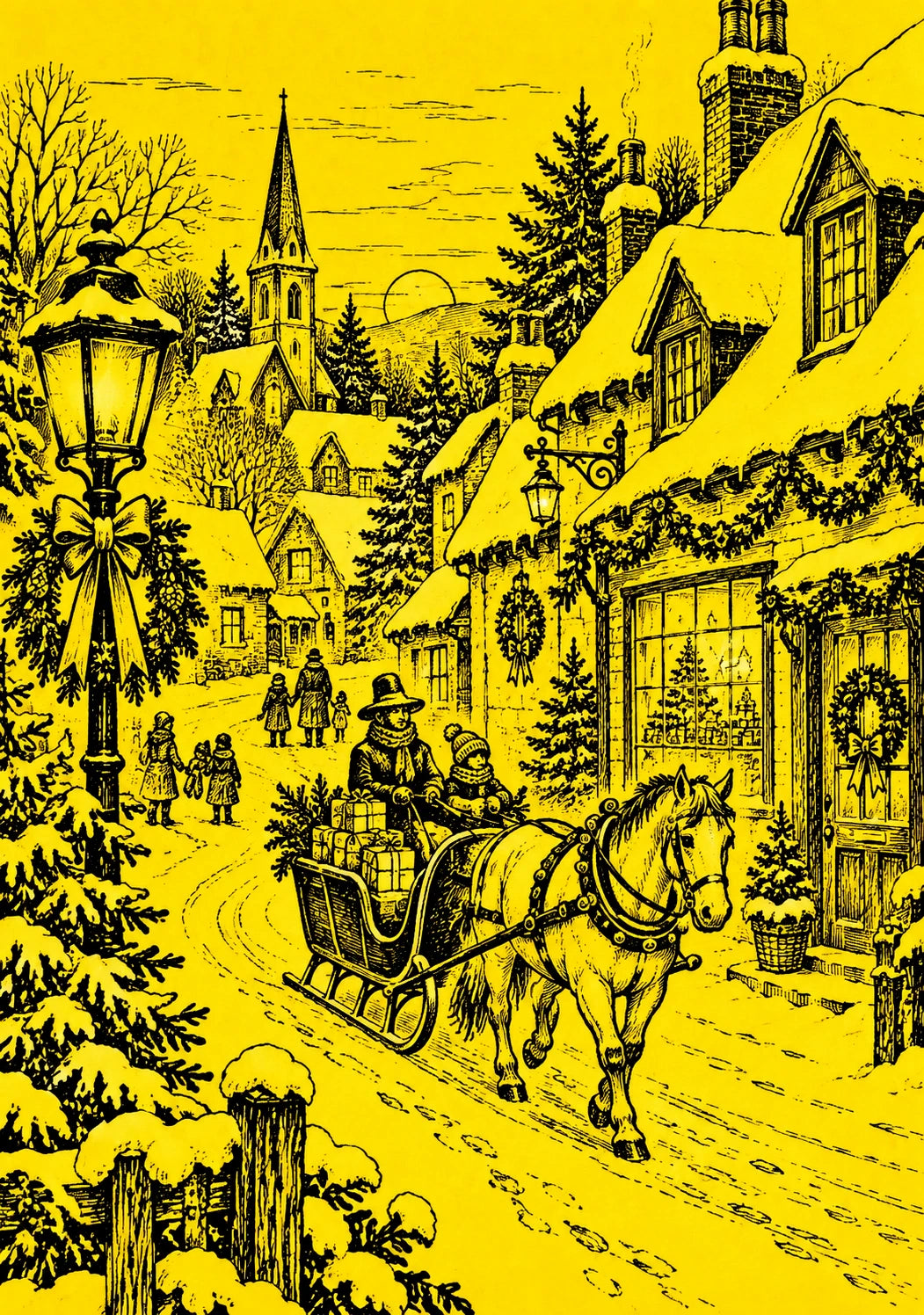 Vintage Horse Drawn Sleigh Village Scene Christmas Card