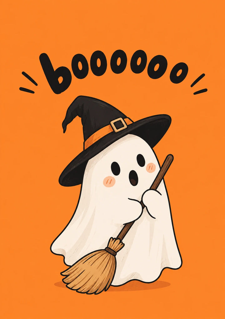 Cute Ghost Witch Broom Boooooo Halloween Card