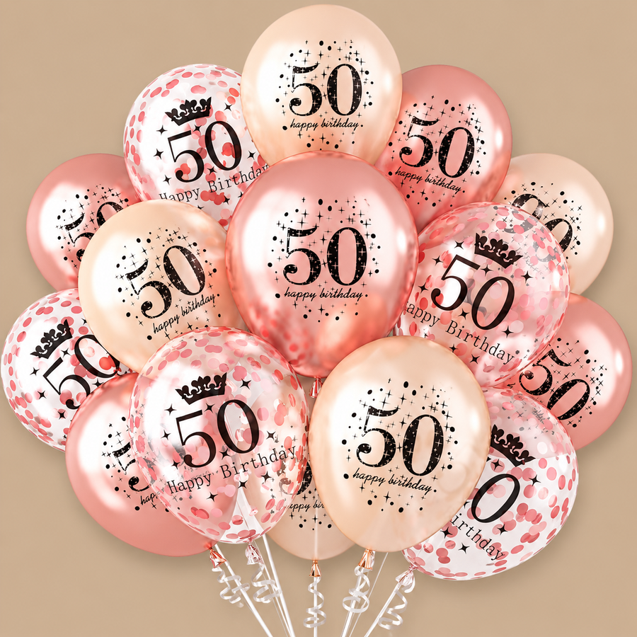Rose Gold Crown 50th Birthday Balloon Pack 15s