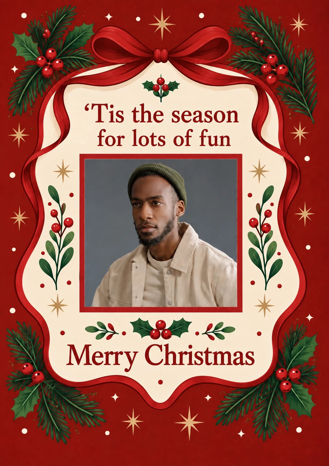 Tis The Season Holly Ribbon Photo Upload Christmas Card for Him