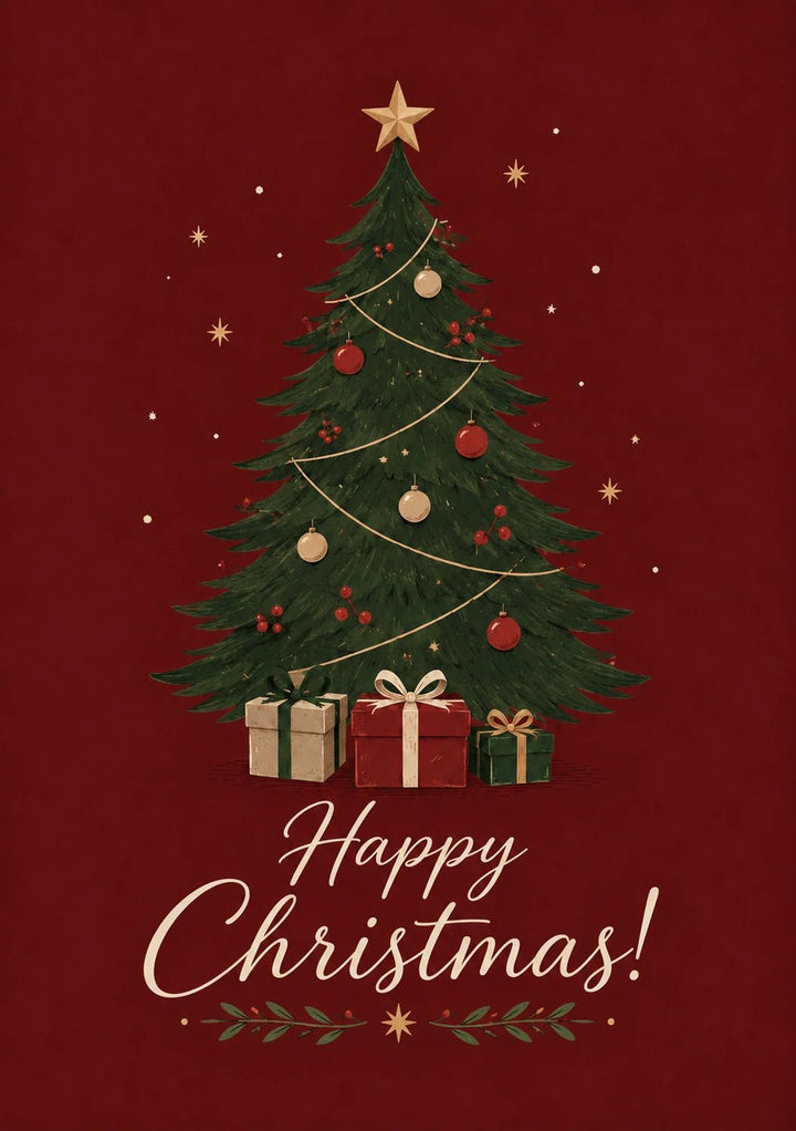Vintage Red Christmas Tree with Gifts Christmas Card