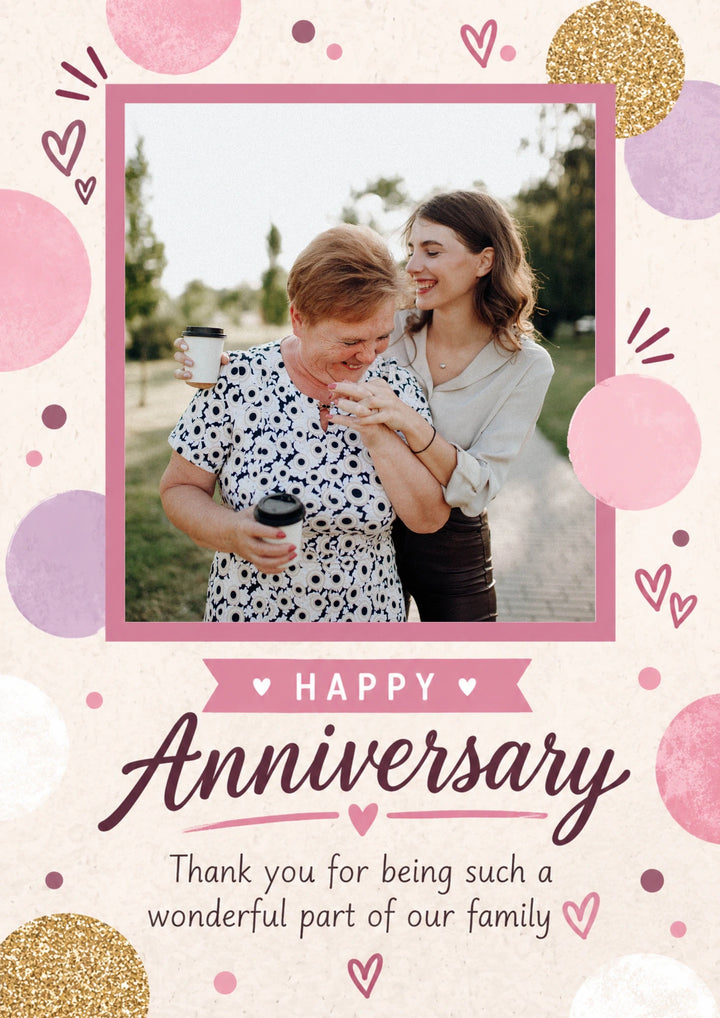 Pink Polka Dot Mother in Law Photo Upload Anniversary Card for Her