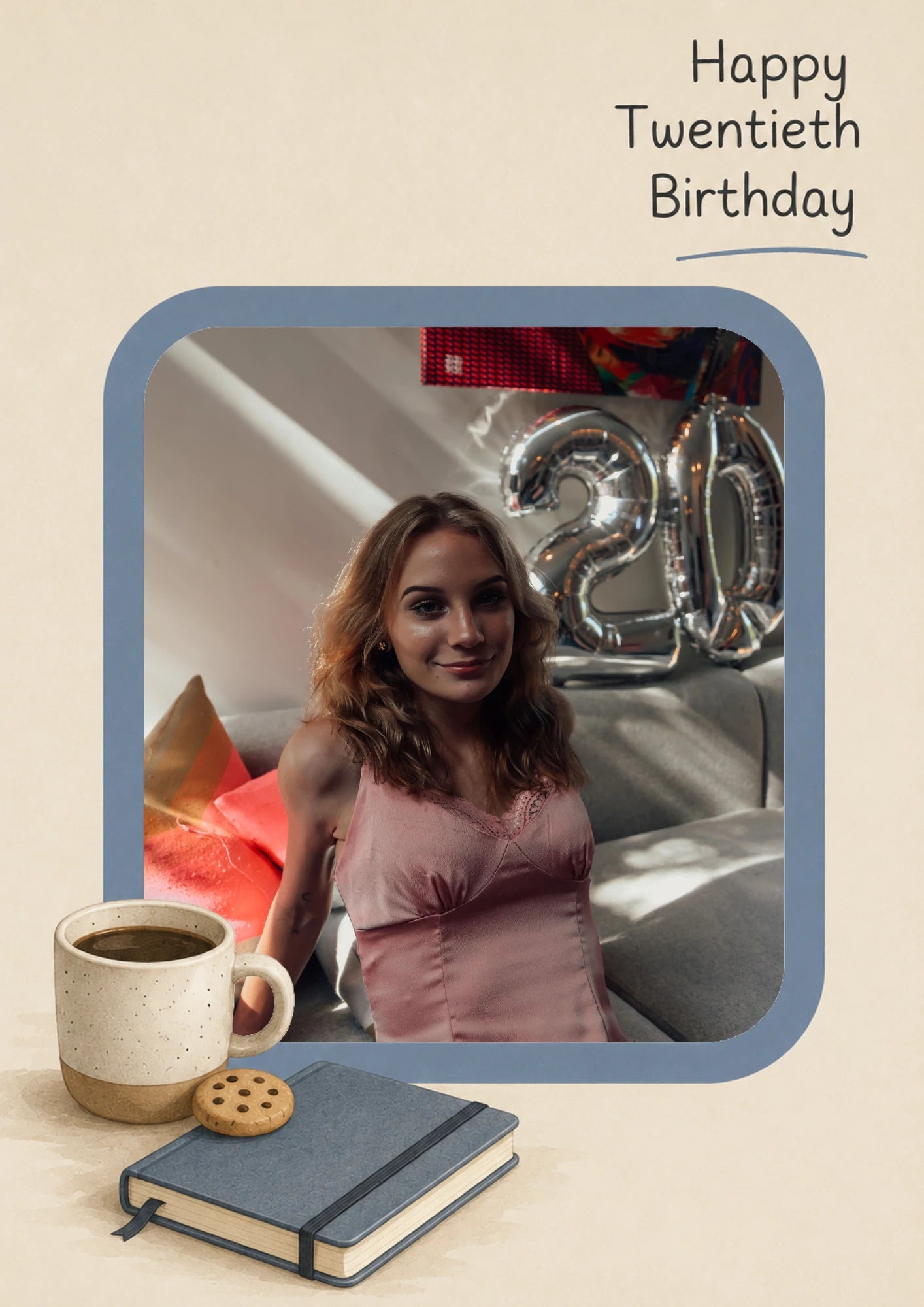 Cosy Blue Illustrated 20th Photo Upload Birthday Card for Her