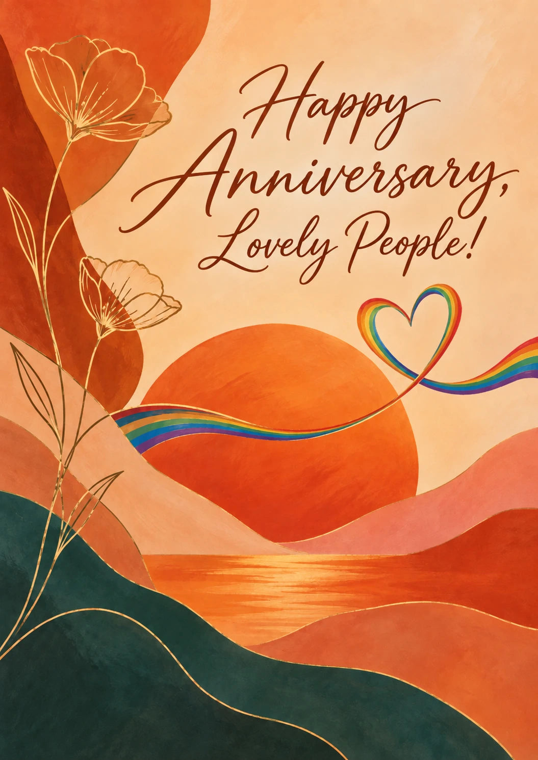 Rainbow Heart Sunset LGBTQ+ Anniversary Card