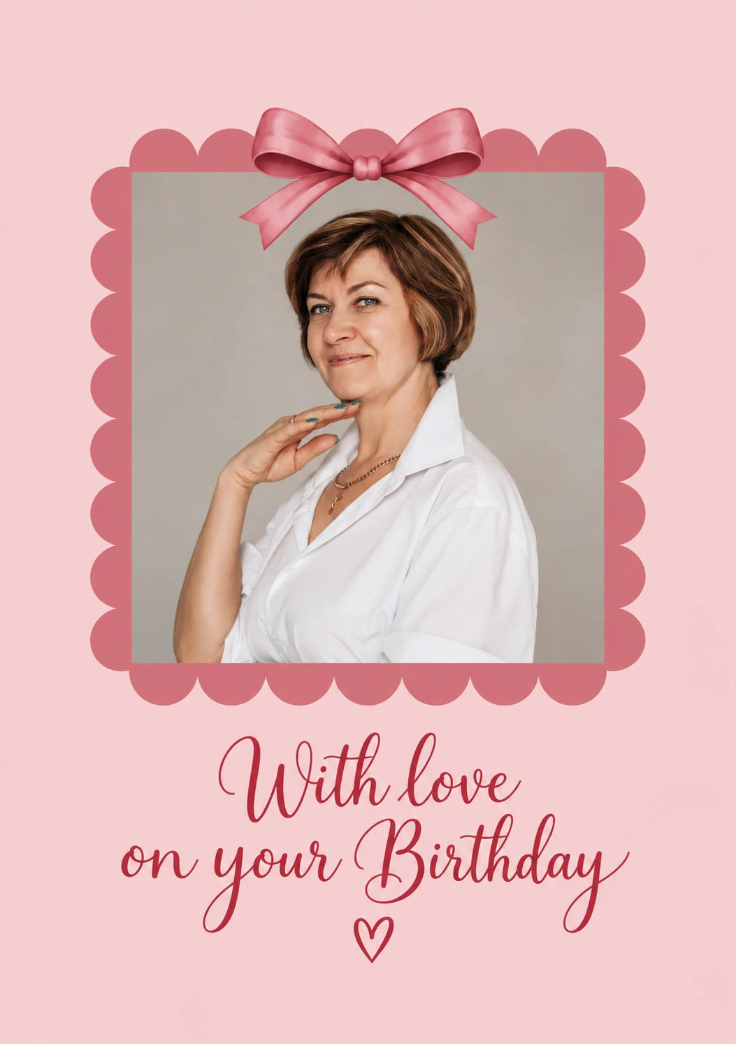 Pink Bow Scallop Frame From the Heart Photo Upload 50th Birthday Card for Her