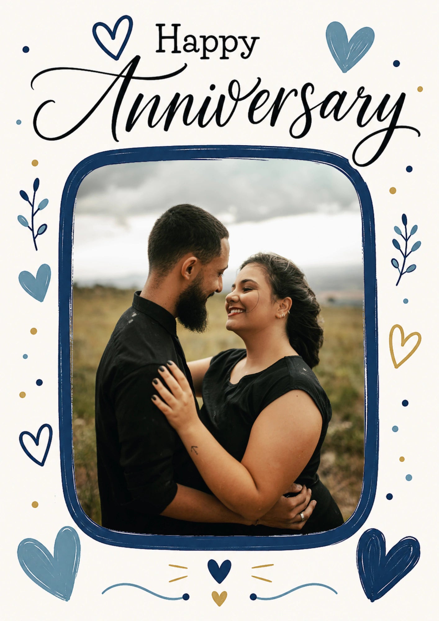 Navy Hearts and Botanical Doodles Photo Upload Anniversary Card