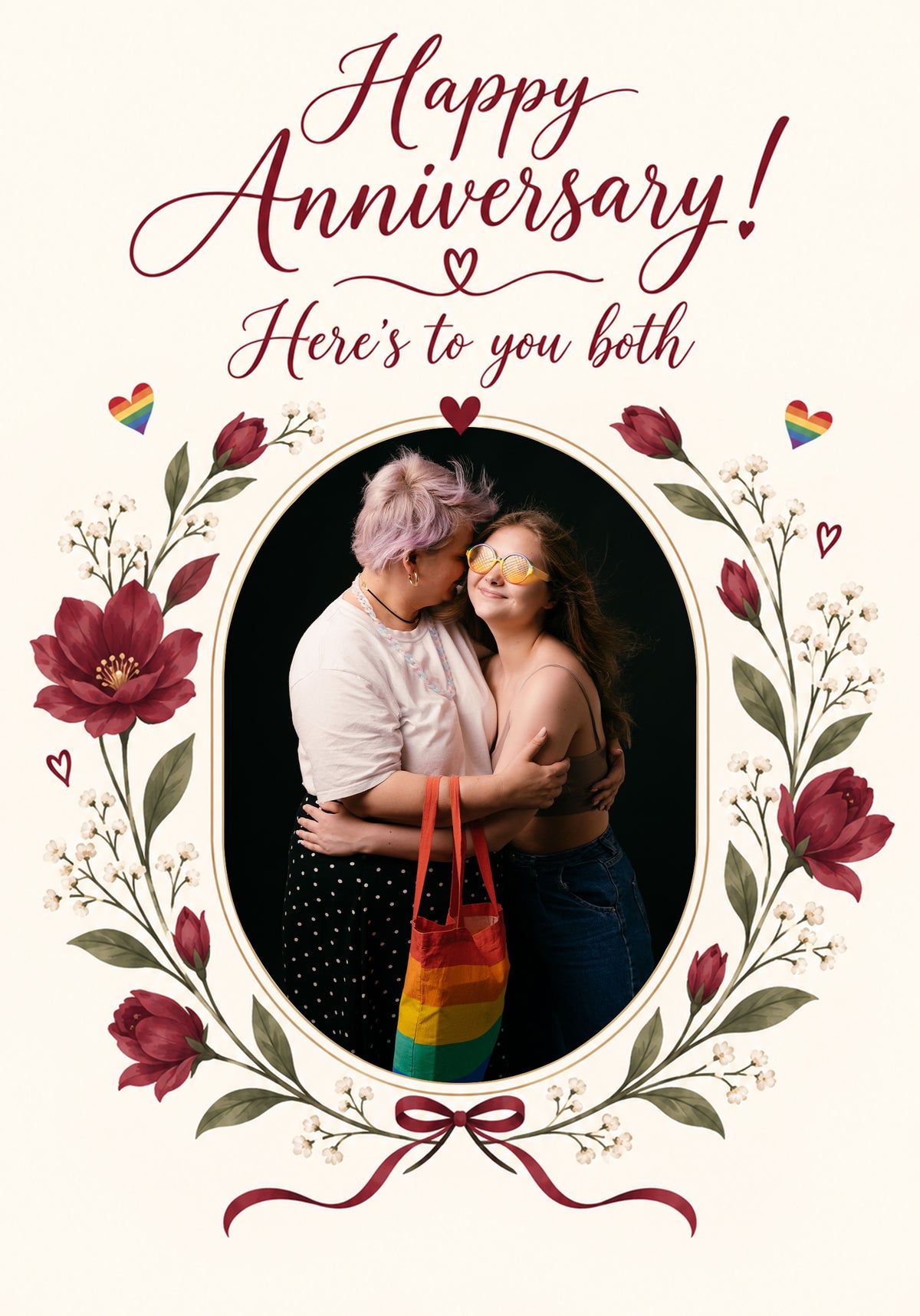 Rainbow Hearts Floral Wreath Photo Upload Anniversary Card