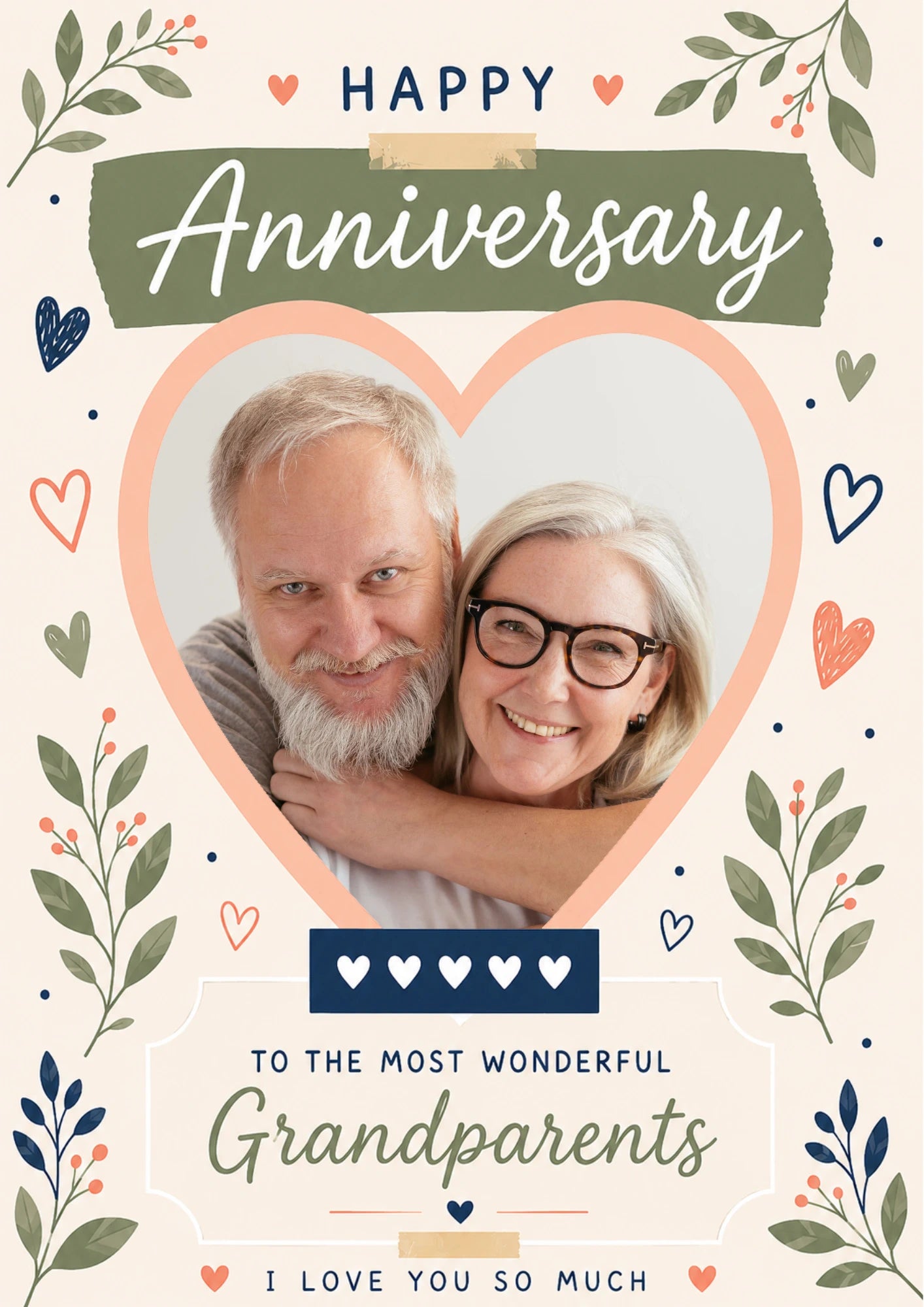 Botanical Hearts Grandparents Photo Upload Anniversary Card