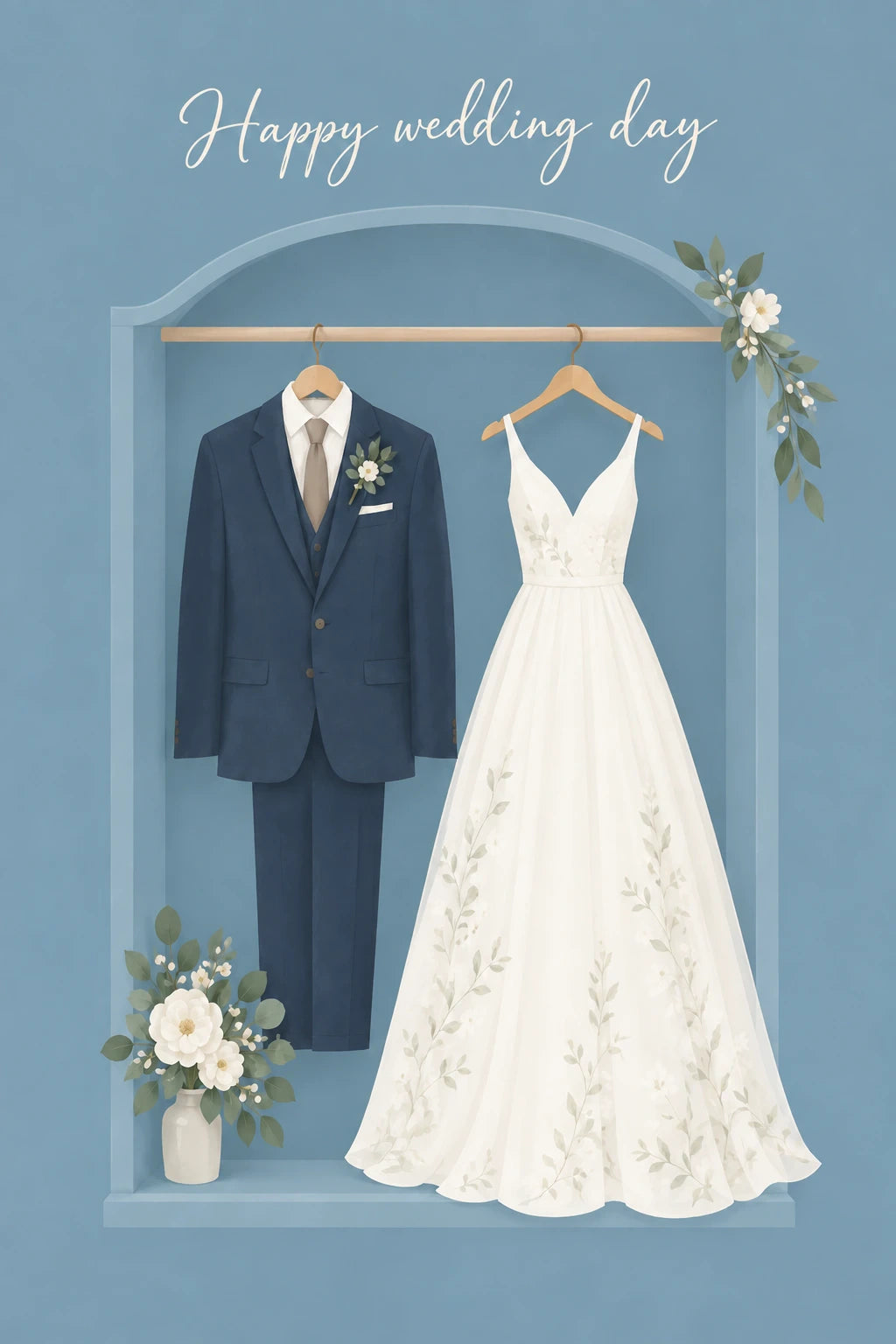 Navy Suit and Floral Dress Wedding Card