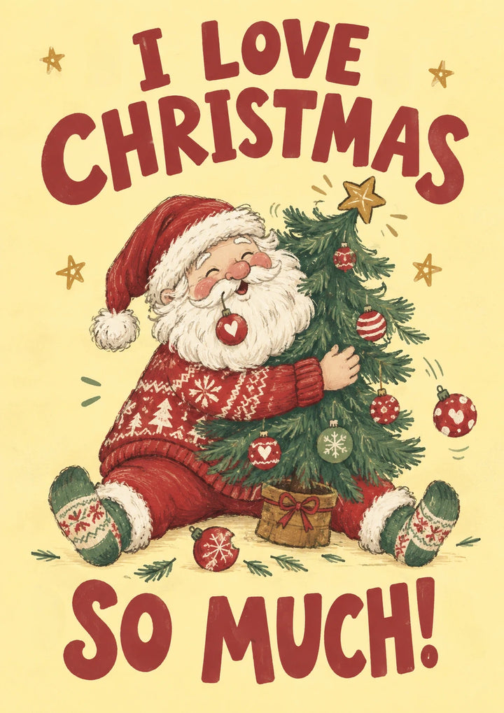 Funny Santa Hugging Christmas Tree Christmas Card