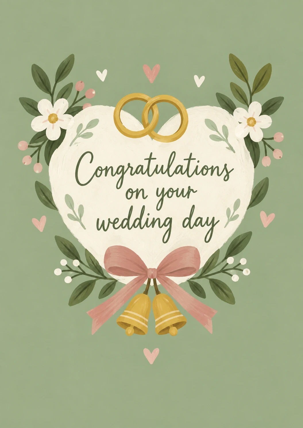 Green Floral Heart and Wedding Bells Wedding Card
