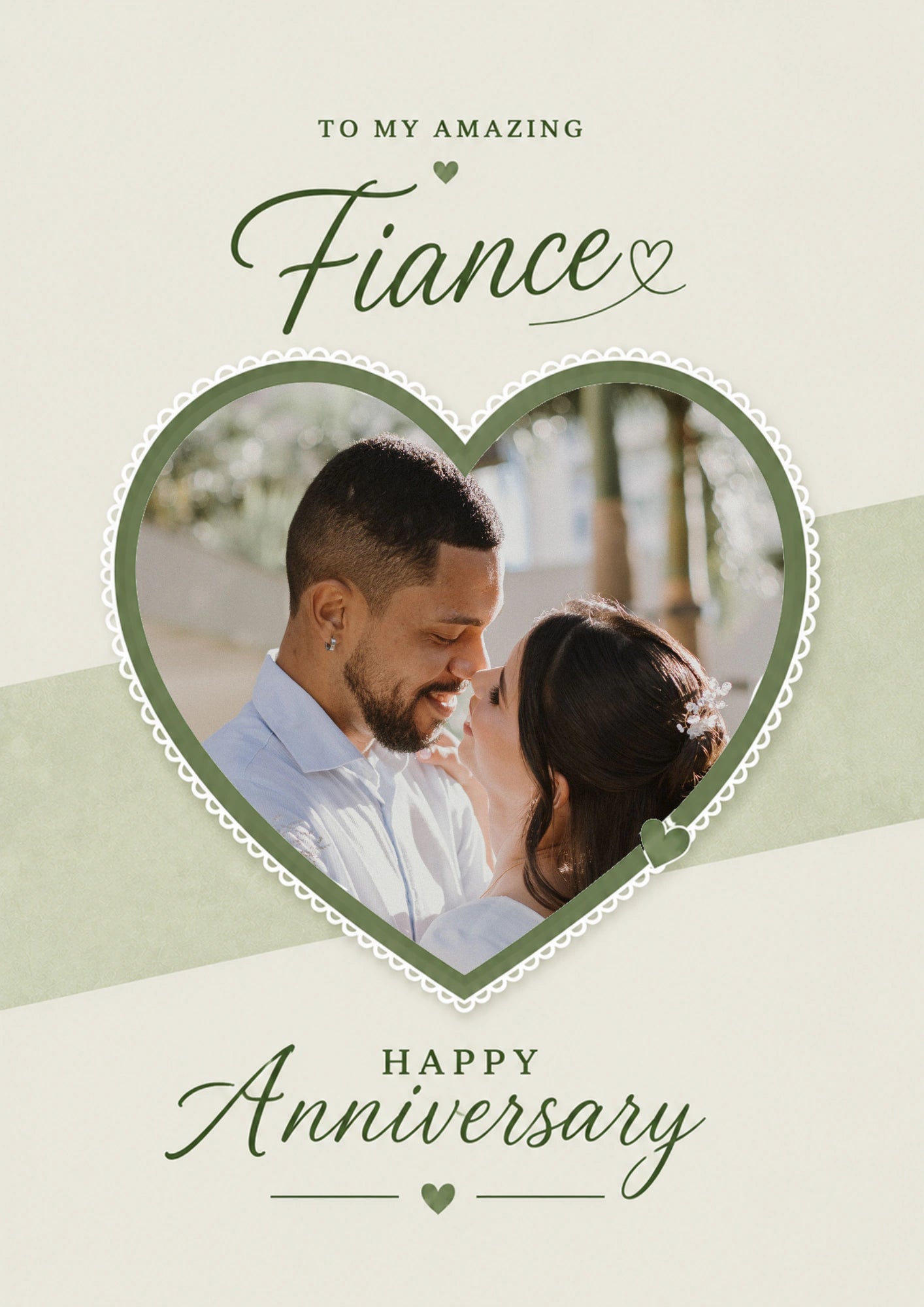 Green Heart Lace Fiance Photo Upload Anniversary Card
