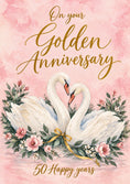Load image into Gallery viewer, Elegant Swan Couple Golden 50th Anniversary Card
