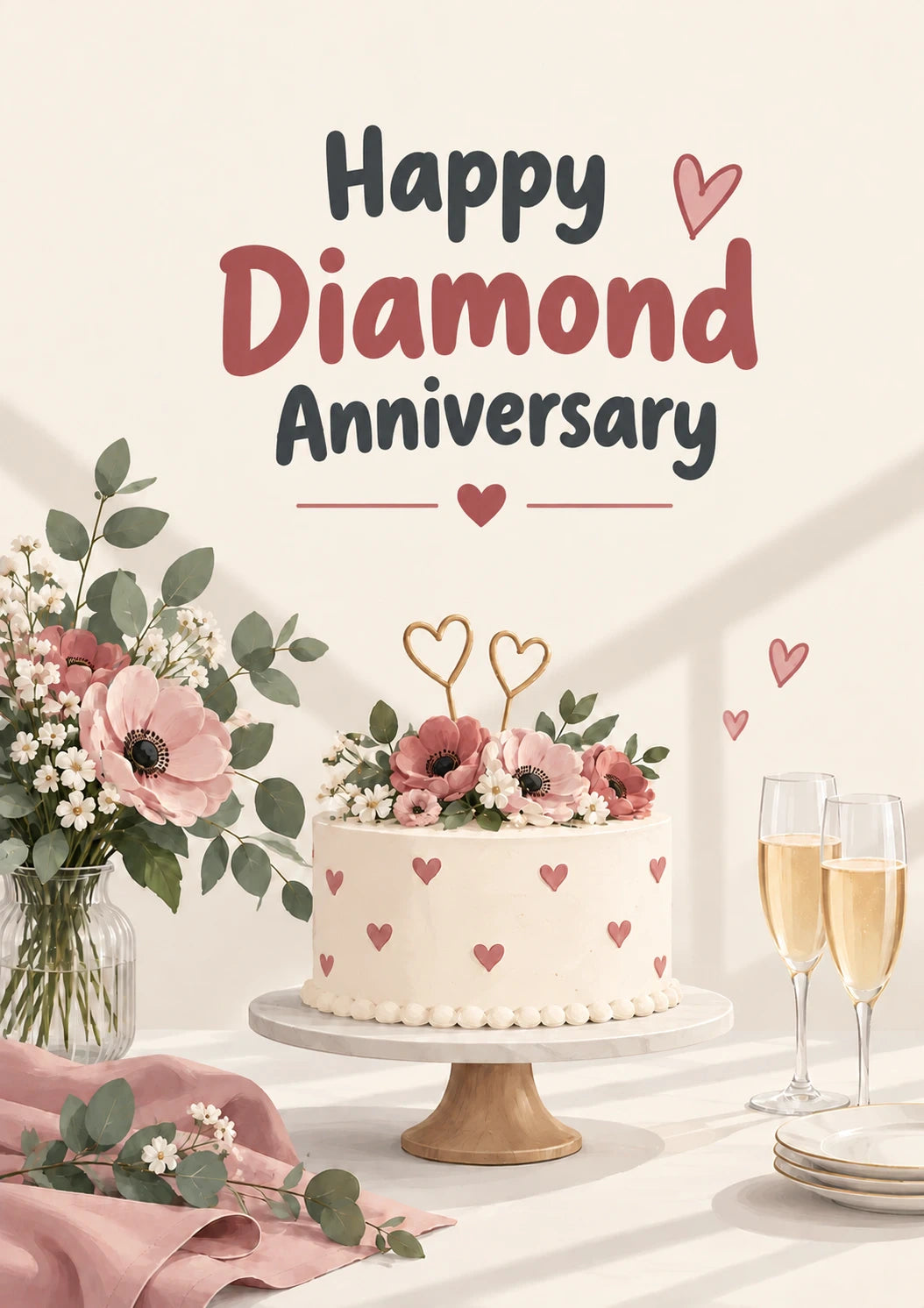 Pink Floral Hearts Cake 60th Anniversary Card