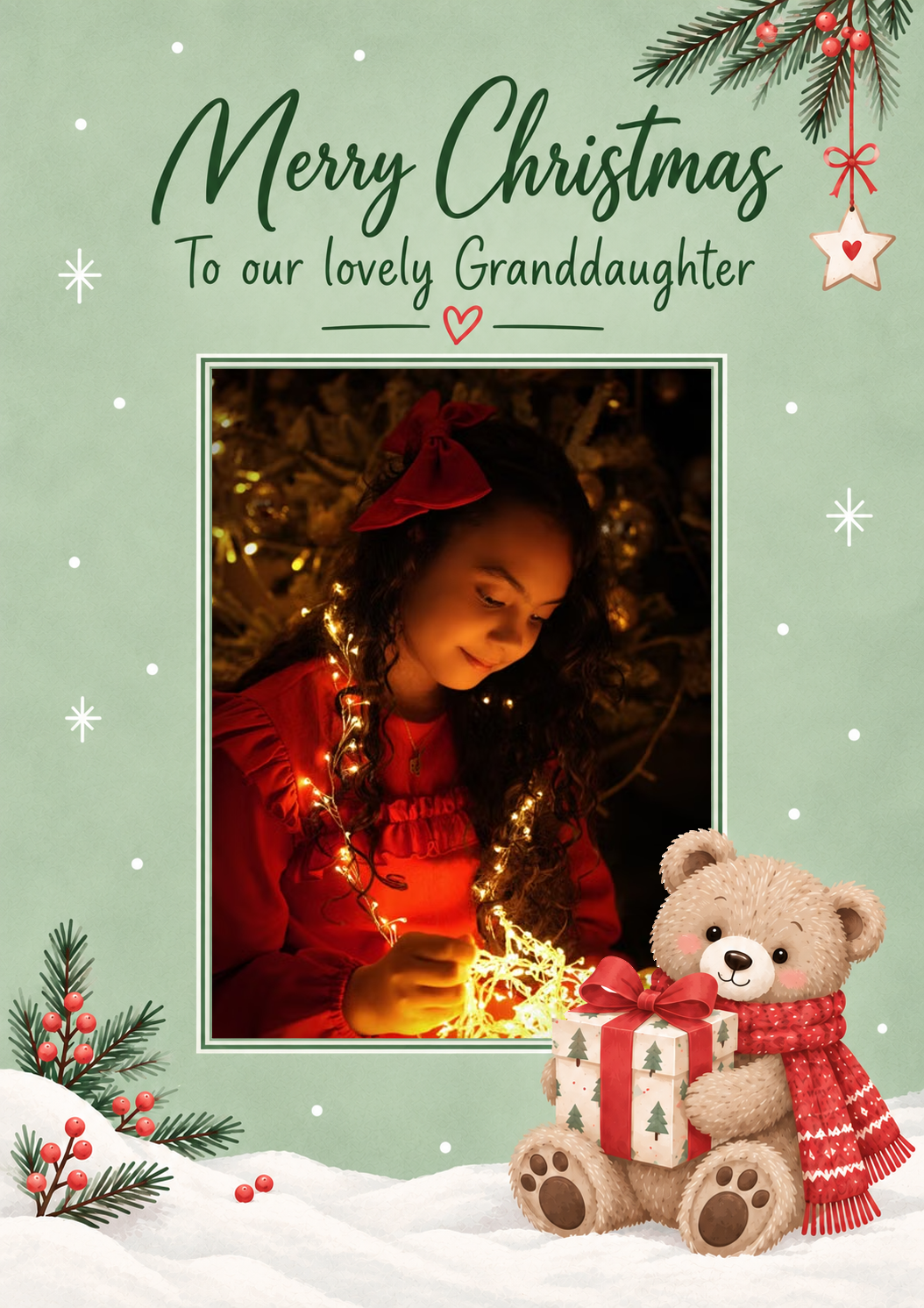 Cute Christmas Teddy Bear Photo Upload Birthday Card for Granddaughter
