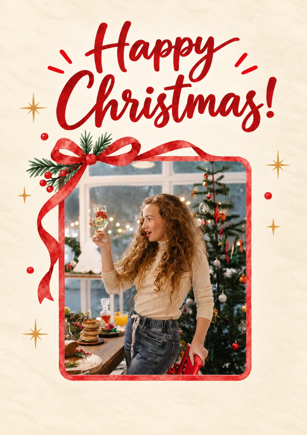 Red Bow Festive Photo Upload Christmas Card for Cousin