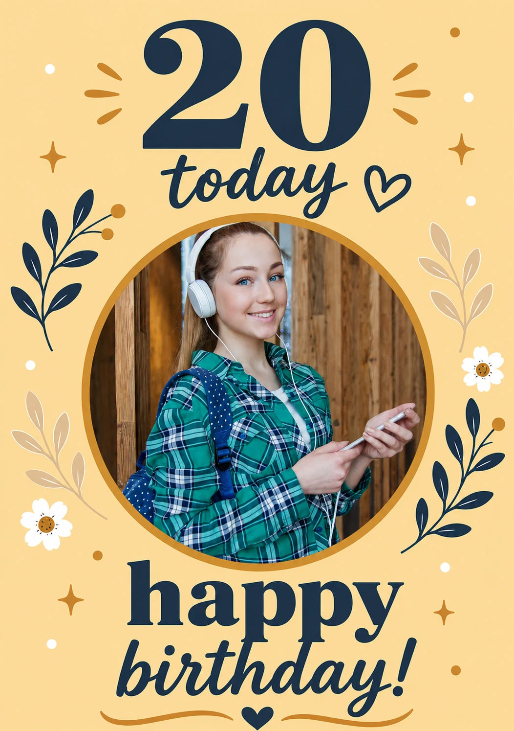 Navy Floral 20 Today Photo Upload 20th Birthday Card for Her