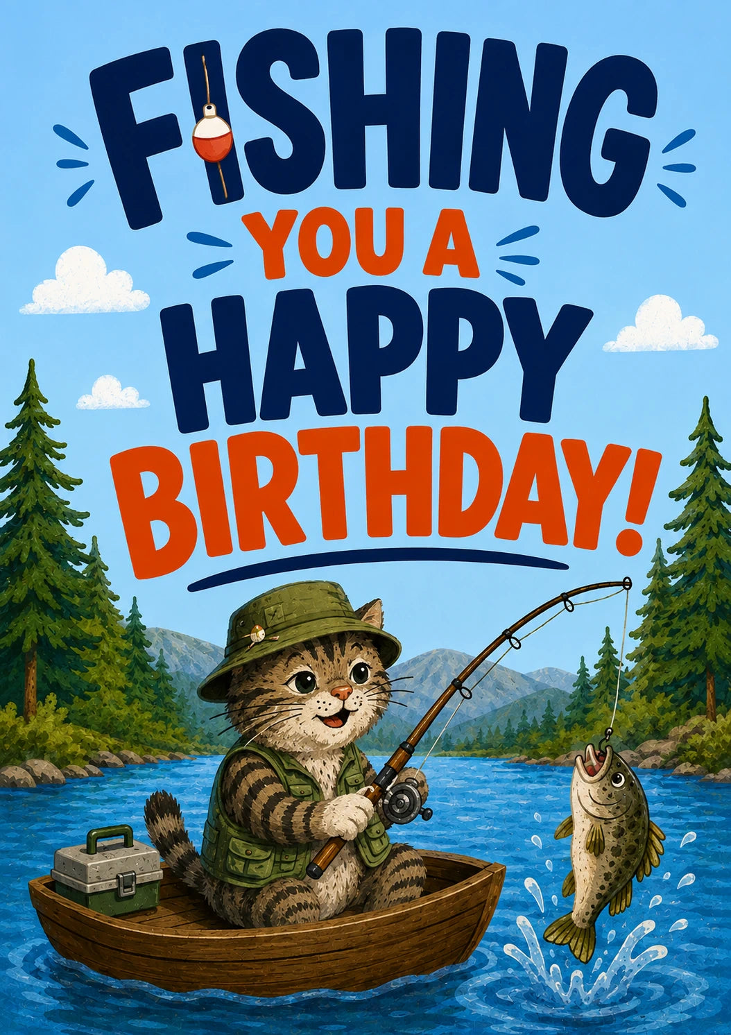 Funny Fishing Cat in a Boat 13th Birthday Card for Him