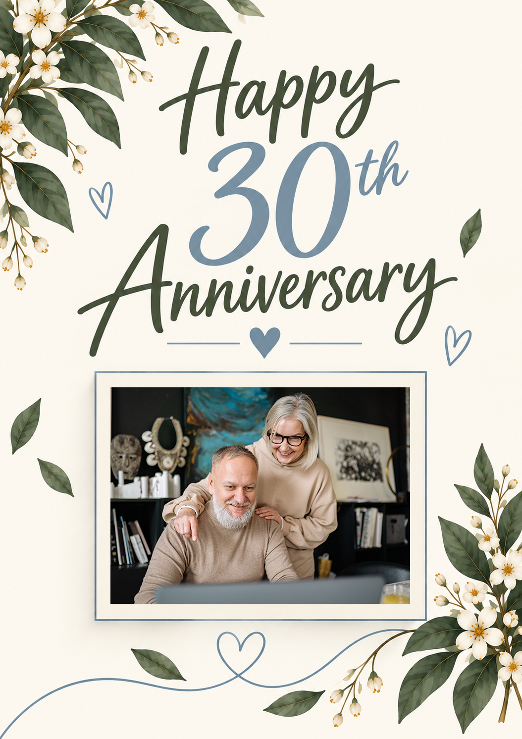 Botanical White Floral 30th Photo Upload Anniversary Card for Mum and Dad