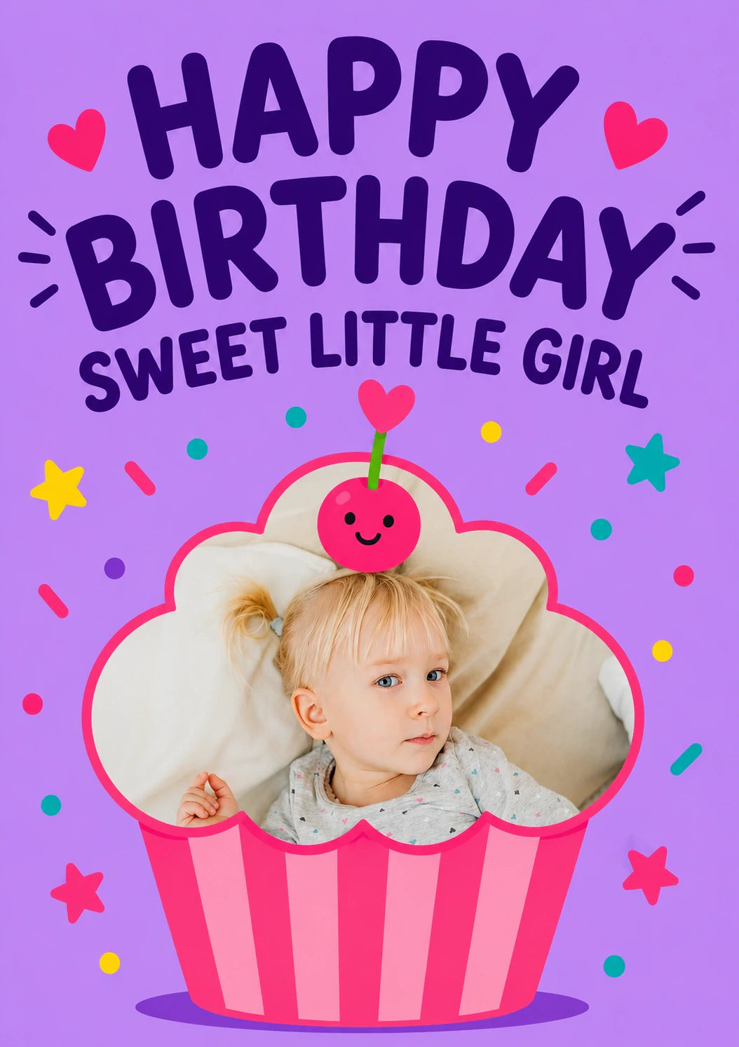 Sweet Little Girl Cupcake Photo Upload Birthday Card for Her