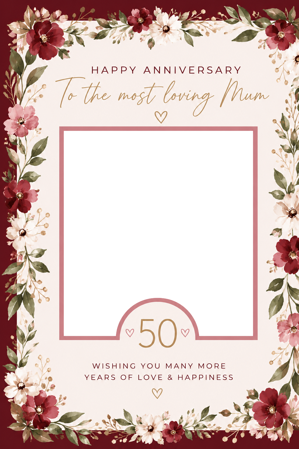Red Floral 50th Photo Upload Anniversary Card for Her