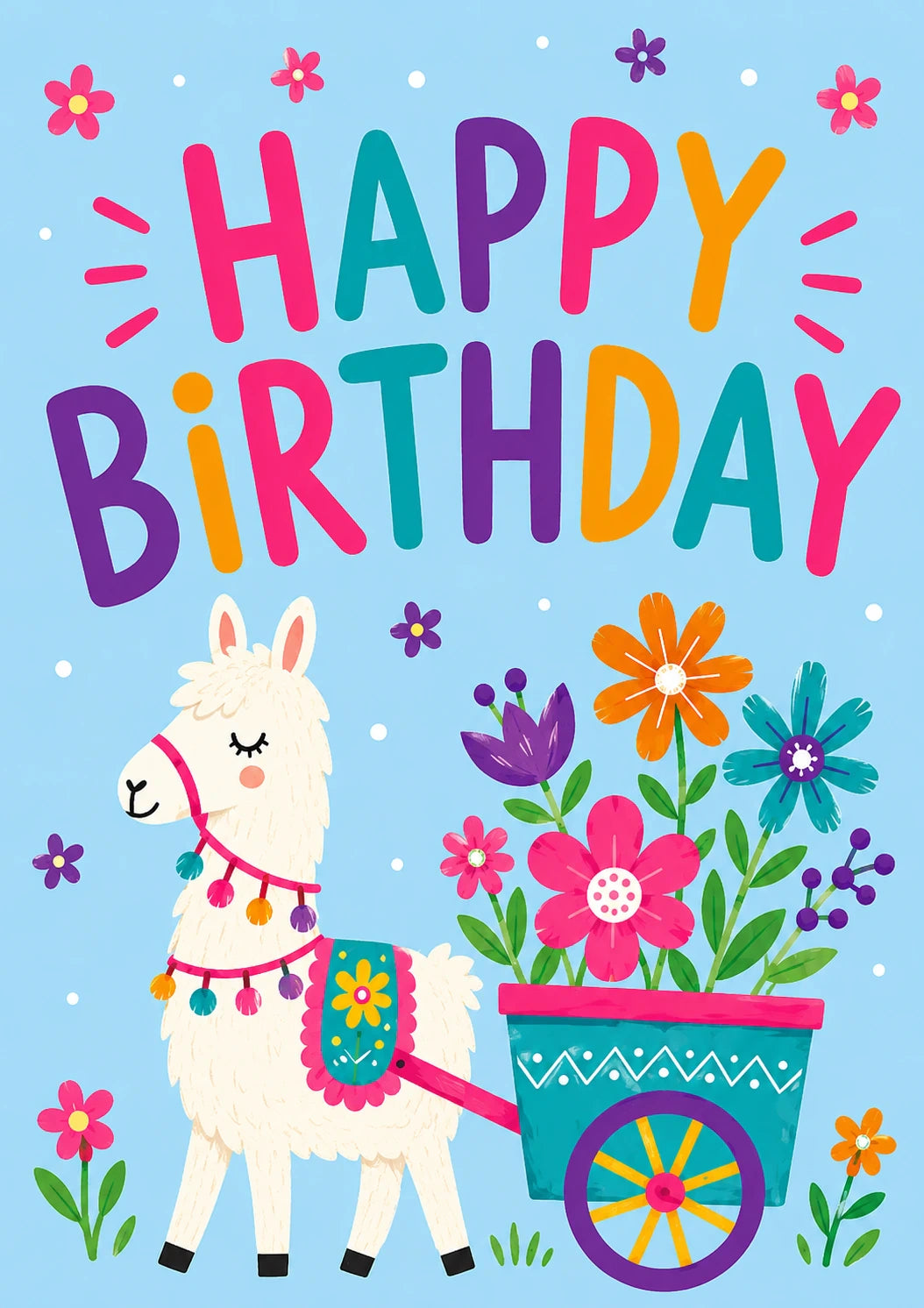 Llama Floral Cart Happy Birthday Card for Her