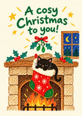 Load image into Gallery viewer, Cosy Black Cat in Stocking Fireplace Christmas Card
