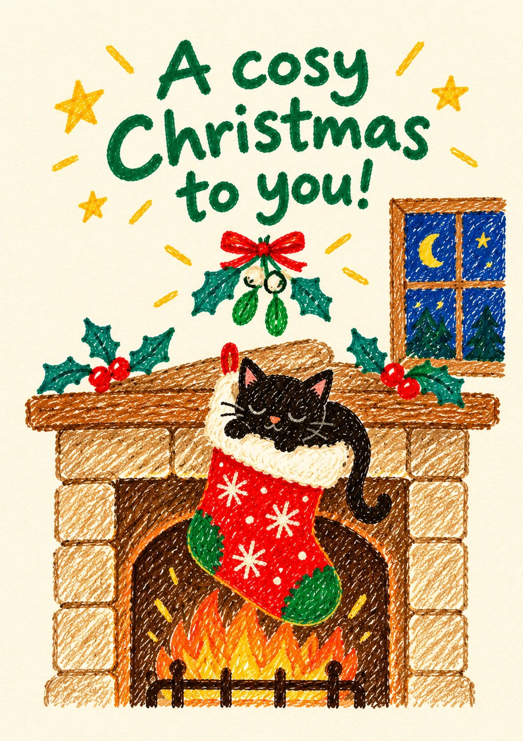 Cosy Black Cat in Stocking Fireplace Christmas Card