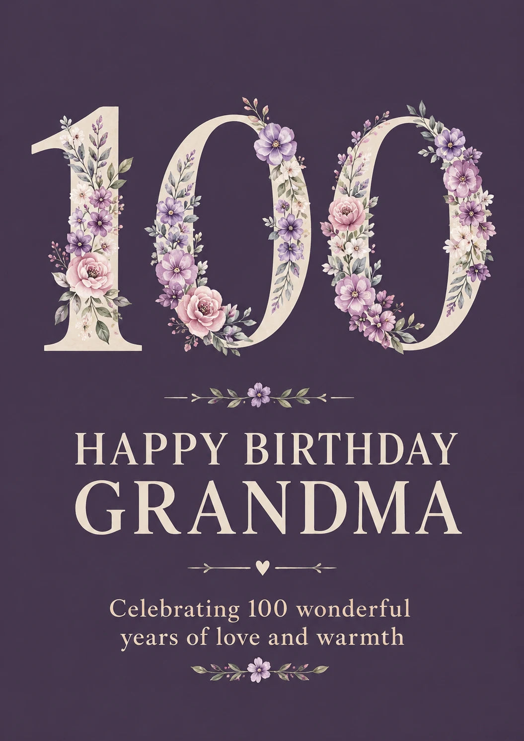 Purple Floral 100th Birthday Card for Her