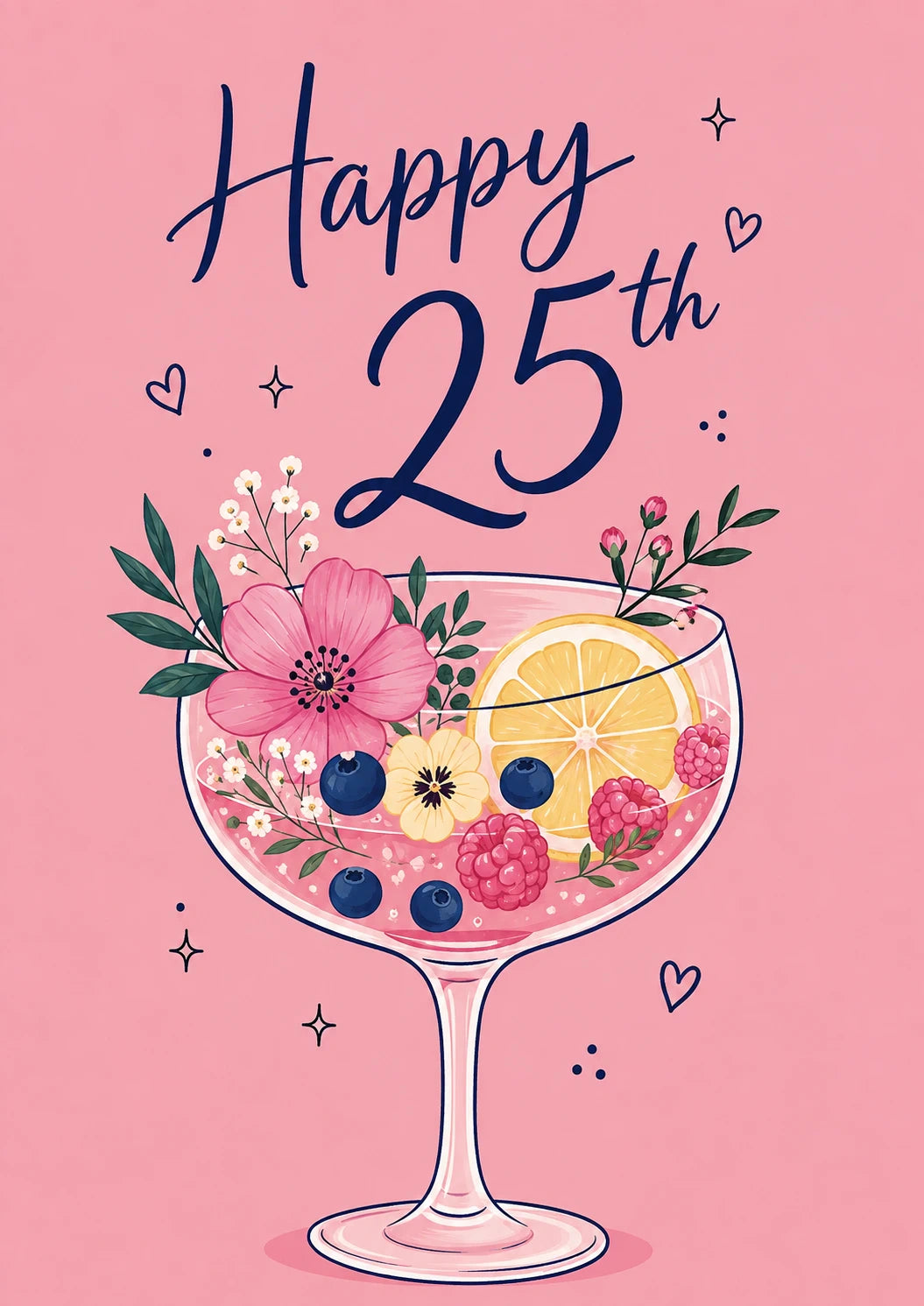 Pink Floral Cocktail Glass 25th Birthday Card for Her