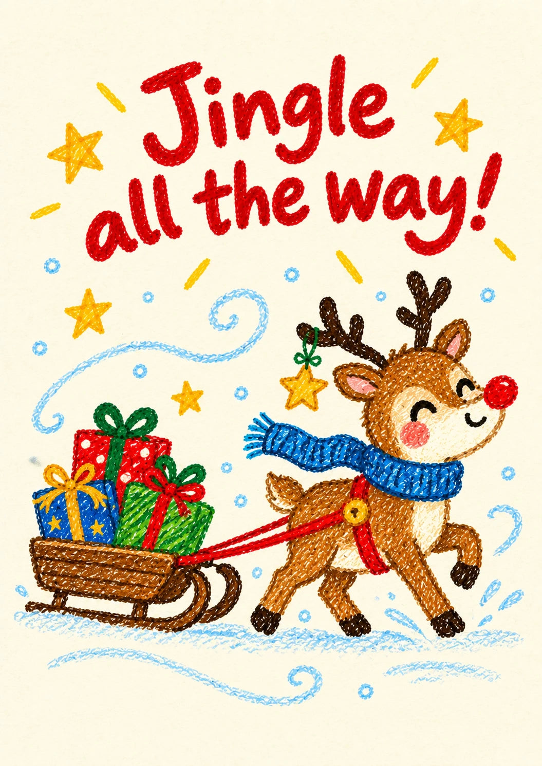 Rudolph Pulling Gift Sleigh Jingle All the Way Christmas Card