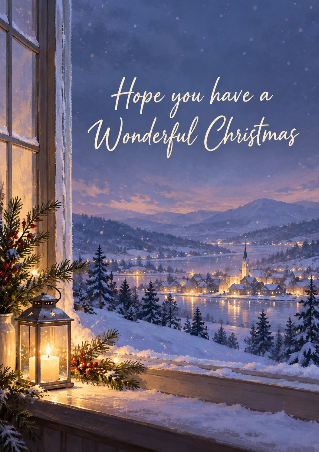 Snowy Village Window Scene Christmas Card for Auntie