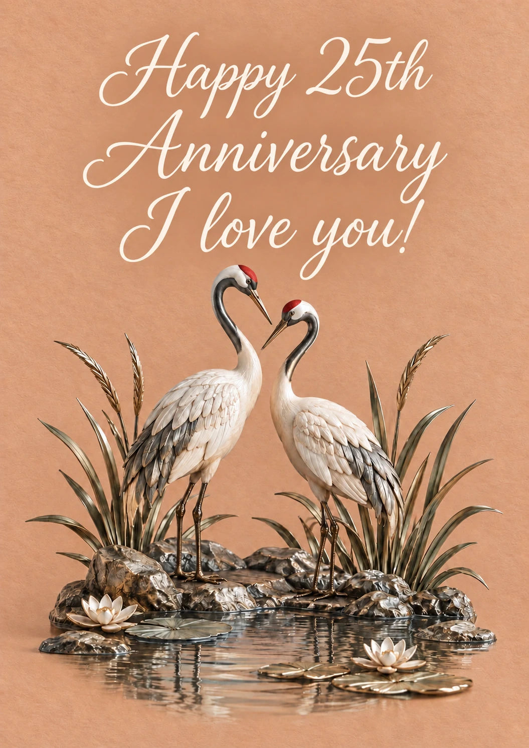 Red-Crowned Cranes Pond 25th Anniversary Card for Husband